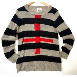 UNIF Grey Black Stripe Red Cross Distressed Sweater Grunge Punk Rocker Emo sz S